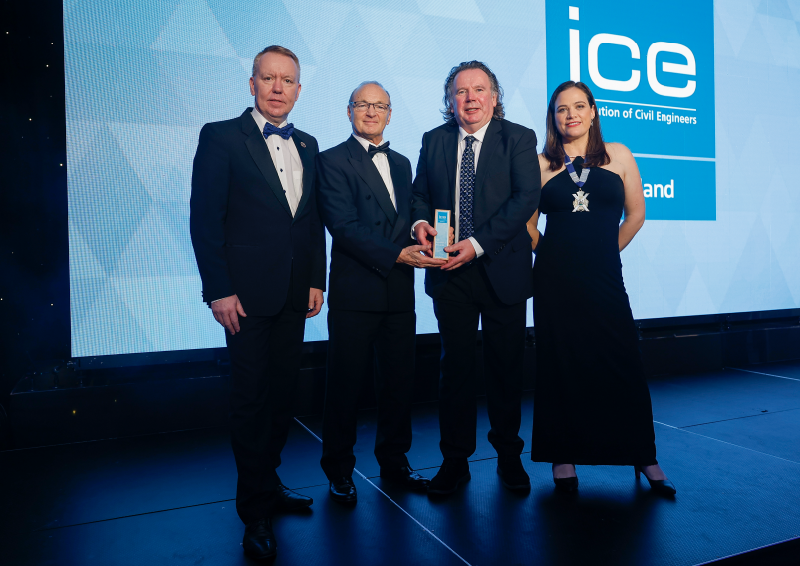 Inspiration and Support Award Winner, Mike Murray on stage with David Porter, ICE Scotland chair, Ellen Halkon and awards sponsor Russell Bissland from Tech Ex Consulting. Image credit: ICE