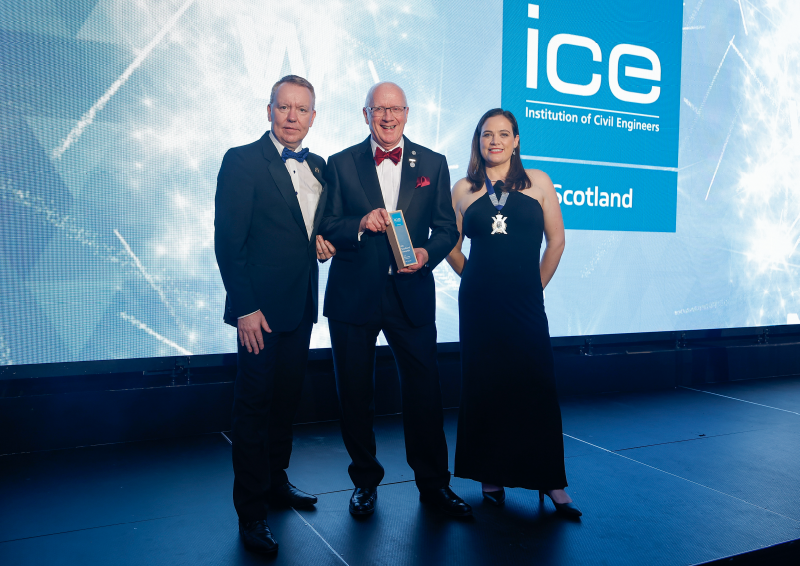 Winner of the Outstanding Contribution Award, Jim Young, with ICE President David Porter and ICE Scotland chair, Ellen Halkon. Image credit: ICE
