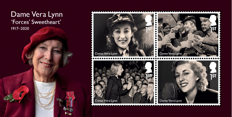 Dame Vera Lynn is celebrated with a mini-sheet of stamps. Image credit: Royal Mail
