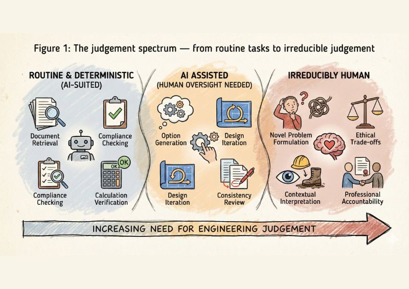 The judgement spectrum, from routine tasks to irreducible judgement. Image credit: Dr Mike Rustell (AI generated using Gemini Nano Banana)