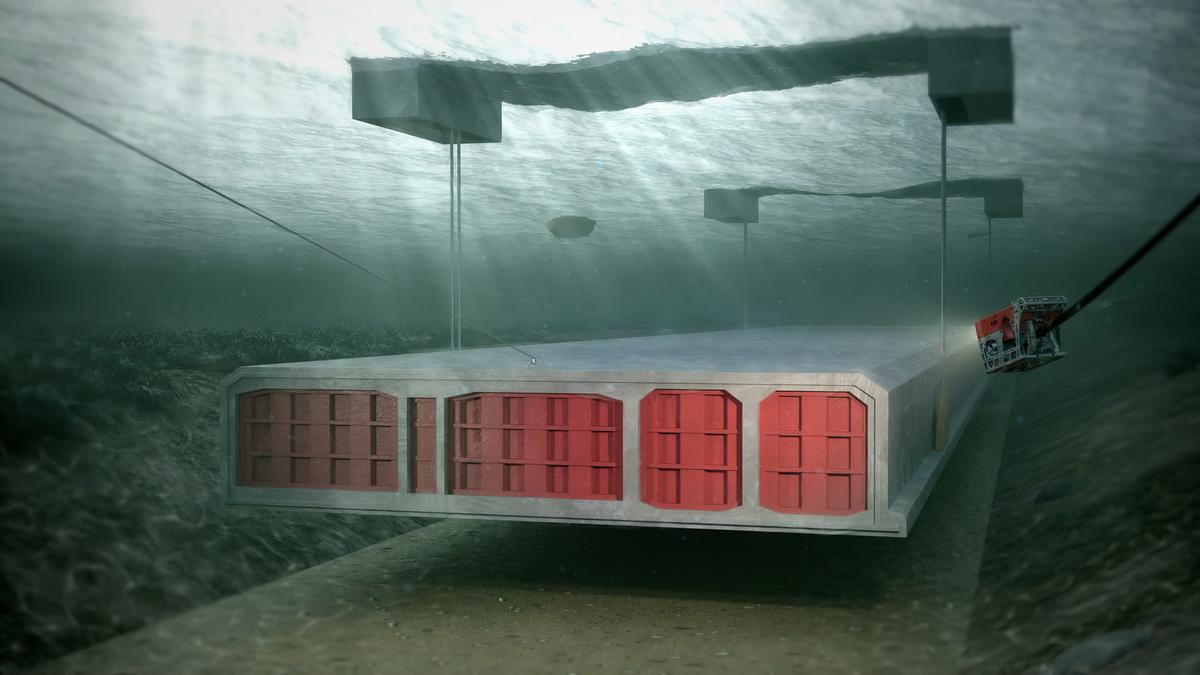 An illustration of a tunnel segment being lowered onto the seabed. Image credit: Sund &amp; Bælt Holding A/S