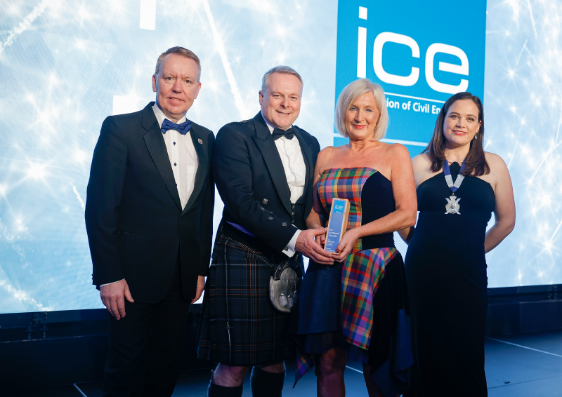 Wendy White-Finnigan took home the Sustainability Champion award, pictured with sponsor David Ross from George Leslie alongside David Porter and ICE Scotland chair, Ellen Halkon. Image credit: ICE