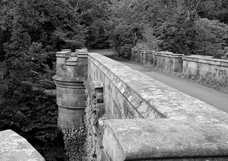 The Overtoun Bridge in West Dunbartonshire, Scotland. Image credit: Allan Ogg (in black and white, licensed under <a href="https://creativecommons.org/licenses/by-sa/3.0/deed.en">CC BY-SA 3.0</a>)