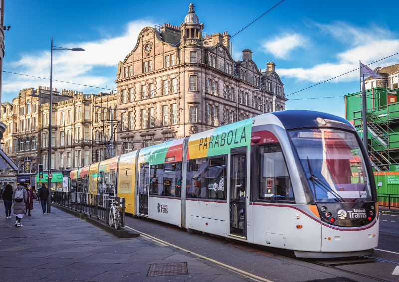 A photo of a tram-train on Shandwick Place street in Edinburgh, Scotland.