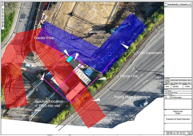 Drone survey with existing infrastructure showing critical asset easementsn