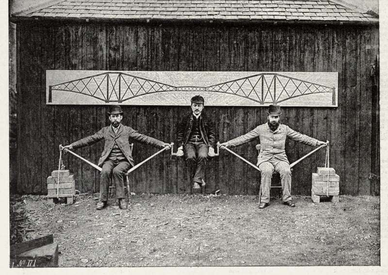 Sir Benjamin Baker, Sir John Fowler and Kaichi Watanabe demonstrating how cantilever bridges work. Image credit: unknown photographer (public domain)